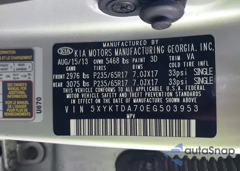 2014 Kia Sorento Lx V6 из США, поврежденный, VIN 5XYKTDA70EG503953